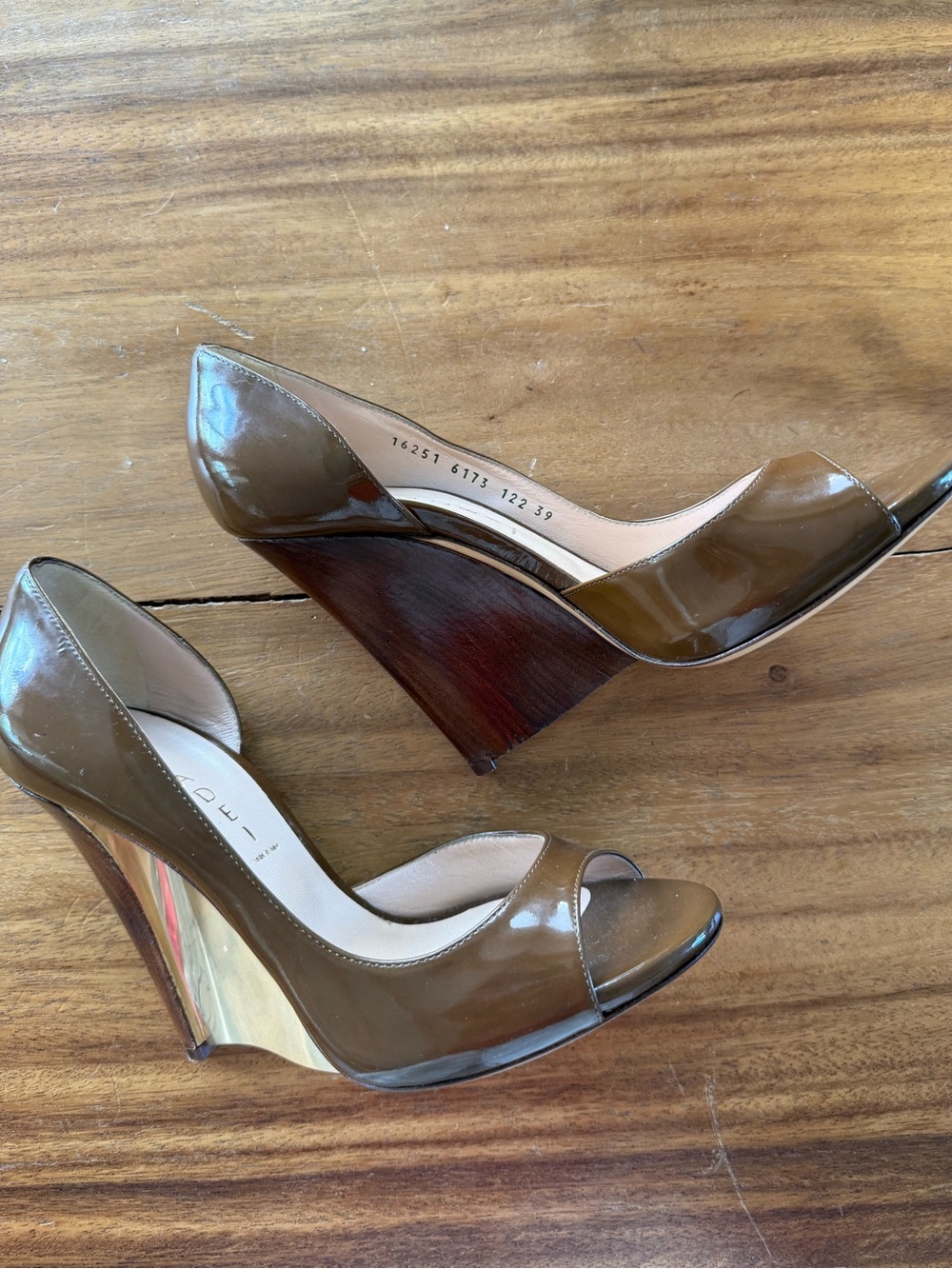 Casadei Never Worn Brown Patent Leather Peep-Toe Wedge Heels